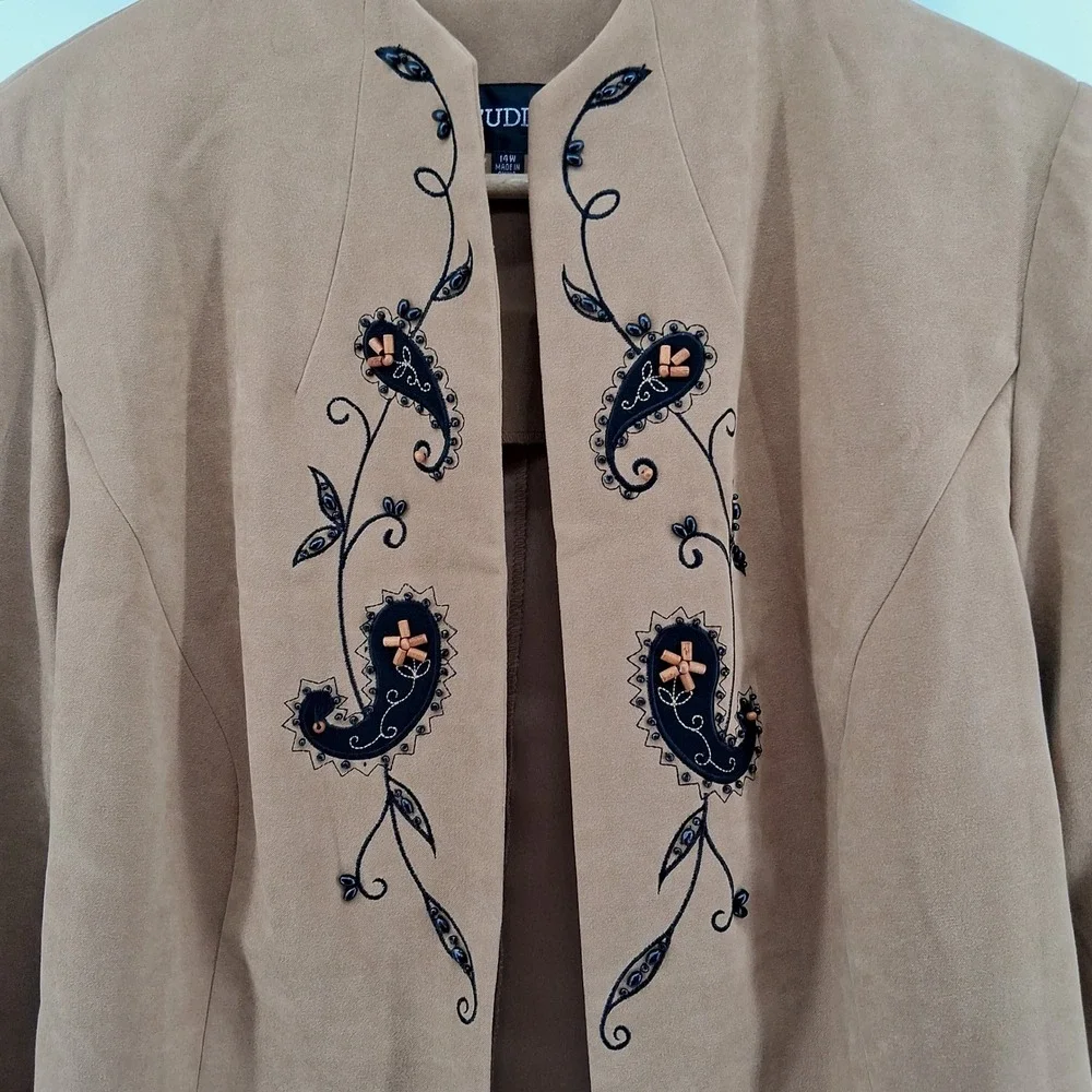 Studio I Womens 14W Faux Suede Open Front Jacket‎ Embroidered Western Boho Fall